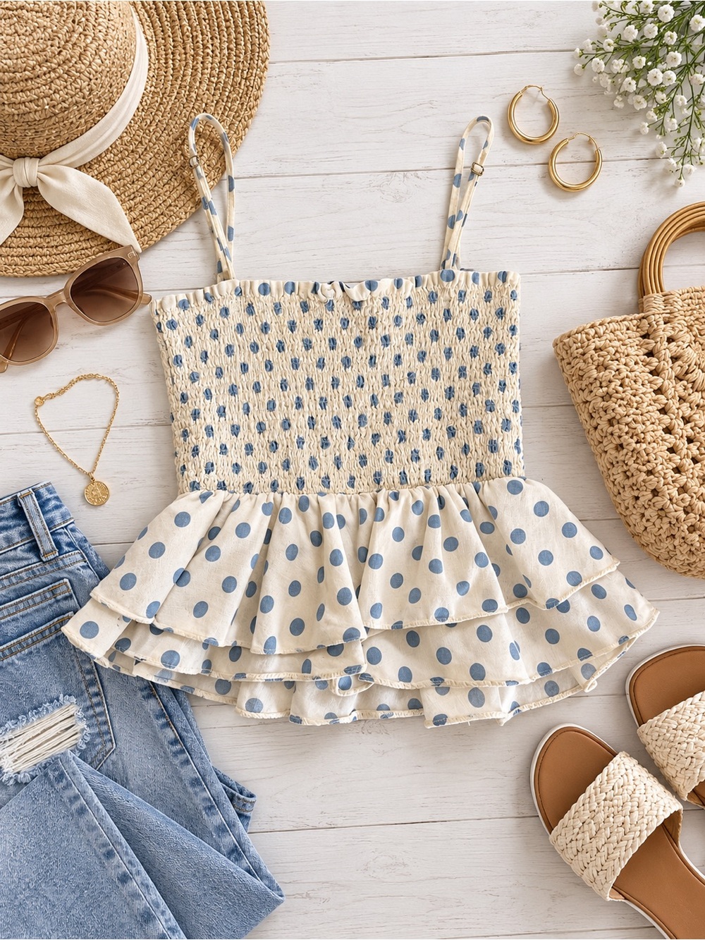 ZARA Blue Polka Dot Smocked Ruffle Peplum Cami Top L